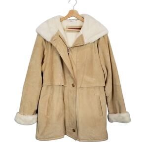 Emma Black Women's Suede Leather Hooded Faux Fur Lined Coat Tan Size Medium